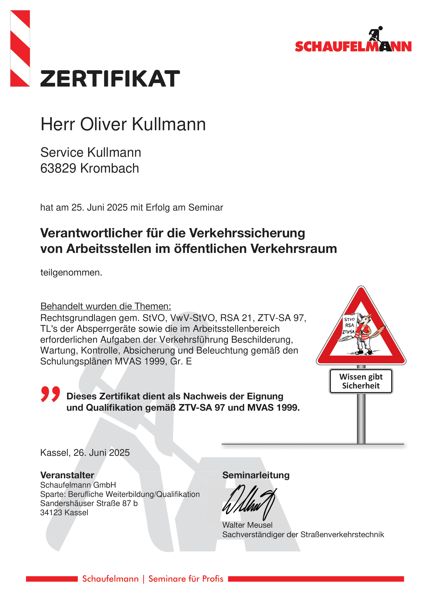 Schaufelmann Zertifikat Verkehrsssicherung